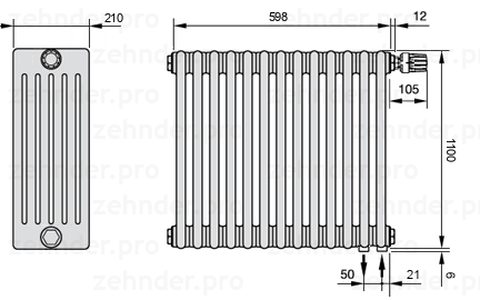 Схема (чертеж) Радиатор Zehnder Charleston 6110/13 №V002 Белый глянцевый RAL 9016